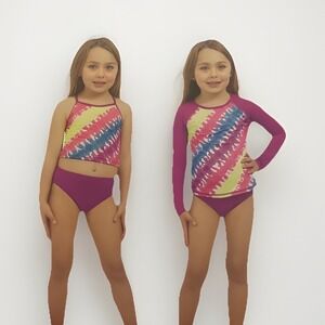 Lands' End 3 Piece Swim Set Girls Sz 5 Purple Geometric UPF 50 Quick Dry Outdoor